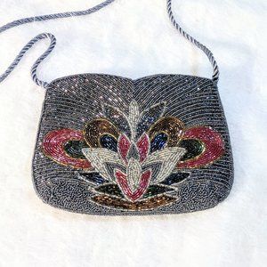 VTG Silver Beaded Art Deco Lotus Evening Clutch Purse